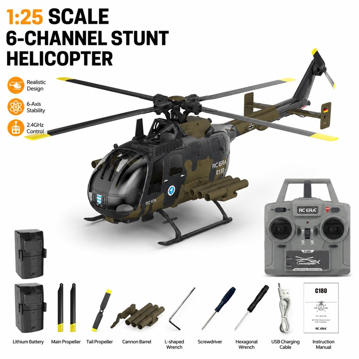 Elicottero radiocomandato BO-105 con decollo/volo invertito a un solo tasto giroscopio barometrico a 6 assi a 6 canali + LiDAR TOF Aeromobile radiocomandato per adulti(Camouflage)