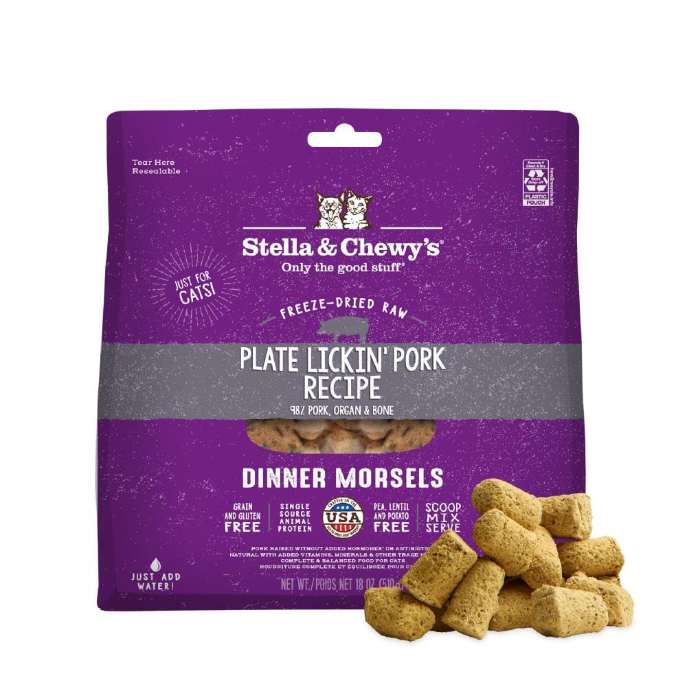 Stella & Chewy's Freeze-Dried Raw Cat Dinner Morsels - Premium Pork Recipe with 98% Responsibly-Sourced Meat & Organs - Natural Grain-Free Cat & Kitten Food - Made in USA - 18 oz
