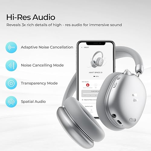 Miniatura 8 de havit Auriculares híbridos adaptativos con cancelación activa de ruido inalámbricos H670BT, auriculares sobre la oreja, Bluetooth 6.0, tiempo de
