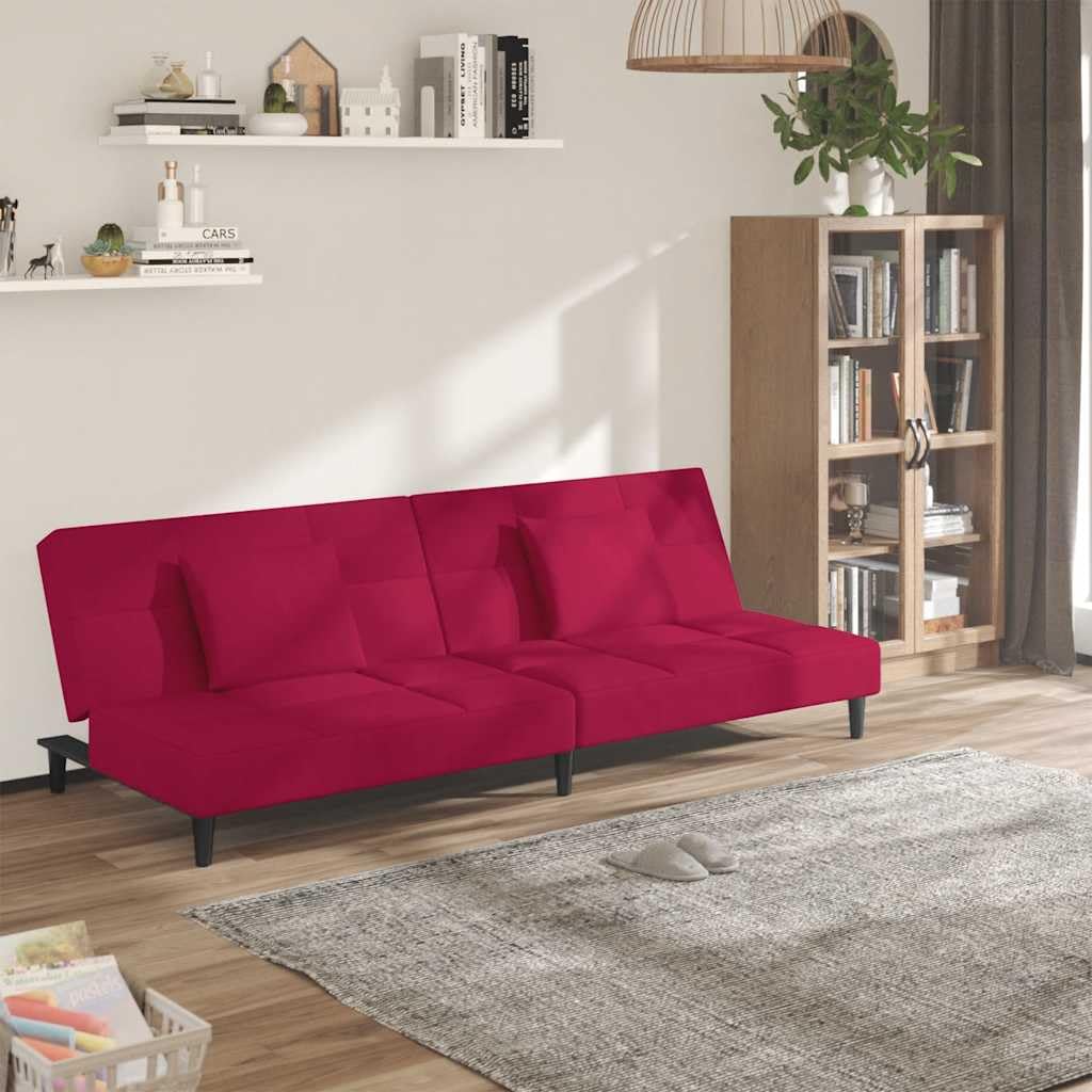 Sofá cama de 2 plazas con marco de madera y 2 cojines de terciopelo rojo vino para salón o habitación de invitados como cómodo asiento y dormitorio