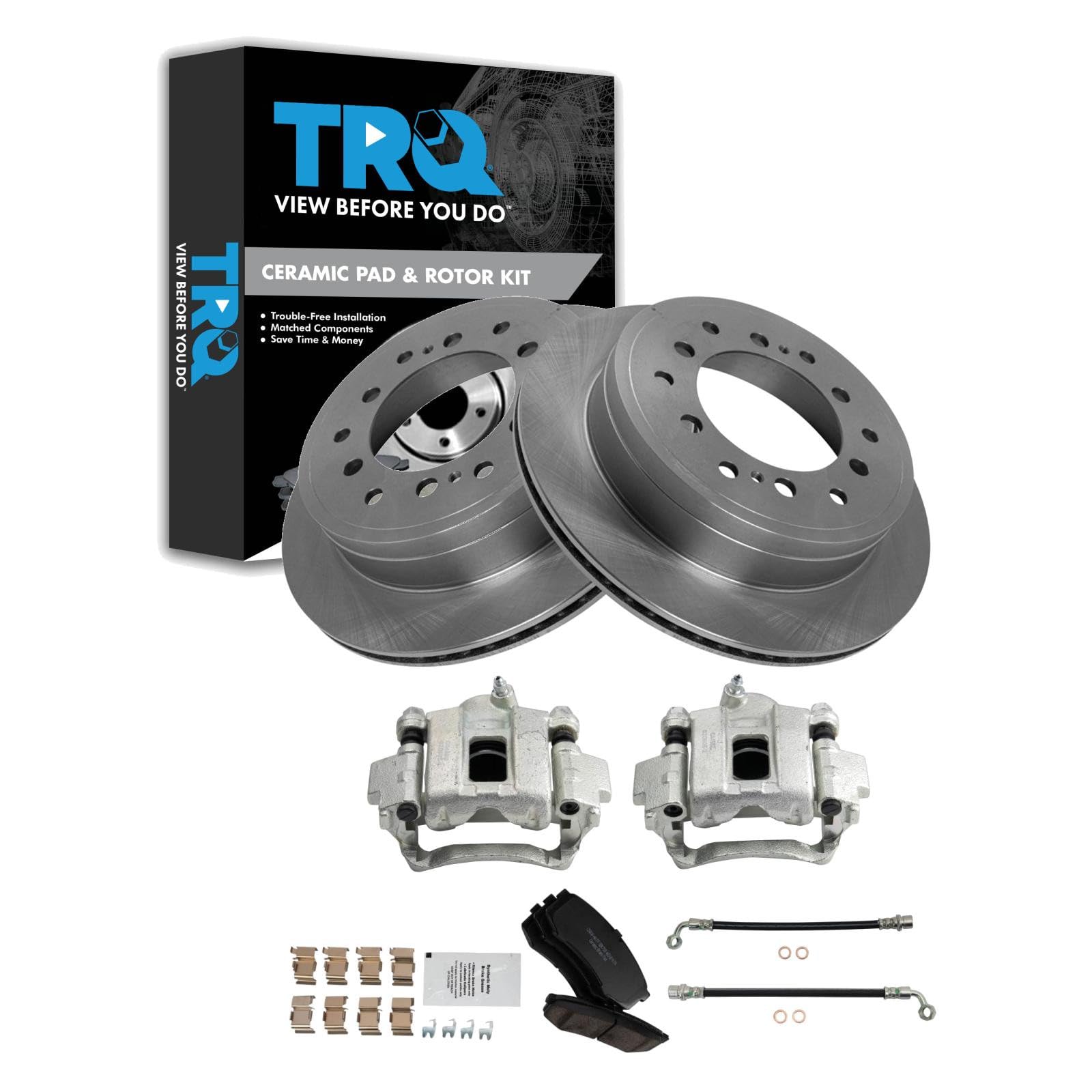 TRQ Rear Brake Pad and Rotor Set Ceramic Rotors Calipers Compatible with 2010-2021 Lexus GX460 2010-2020 Toyota 4Runner