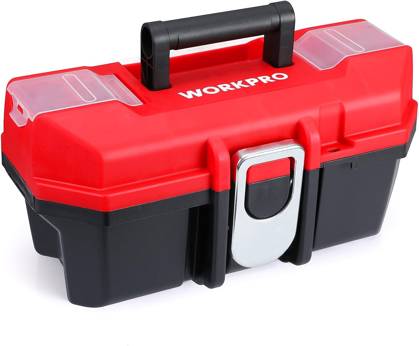 WORKPRO Tool Box Portable 13" with Removable Tray Heavy Duty Toolbox with Metal Latch, Rated up to 33 Lbs, PP Plastic Small Tool Boxes with Small Parts Organizer in Lid, black & red