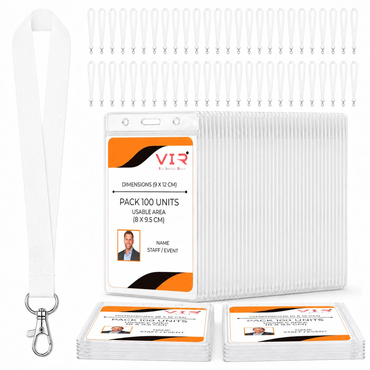 Set 100 Lanyard Bianchi + 100 Porta Badge Verticali 9 x 12 cm | Poliestere 2 cm x 46 cm, gancio metallico 4 cm, PVC trasparente, apertura superiore, lettura RFID e QR senza estrarre la tess