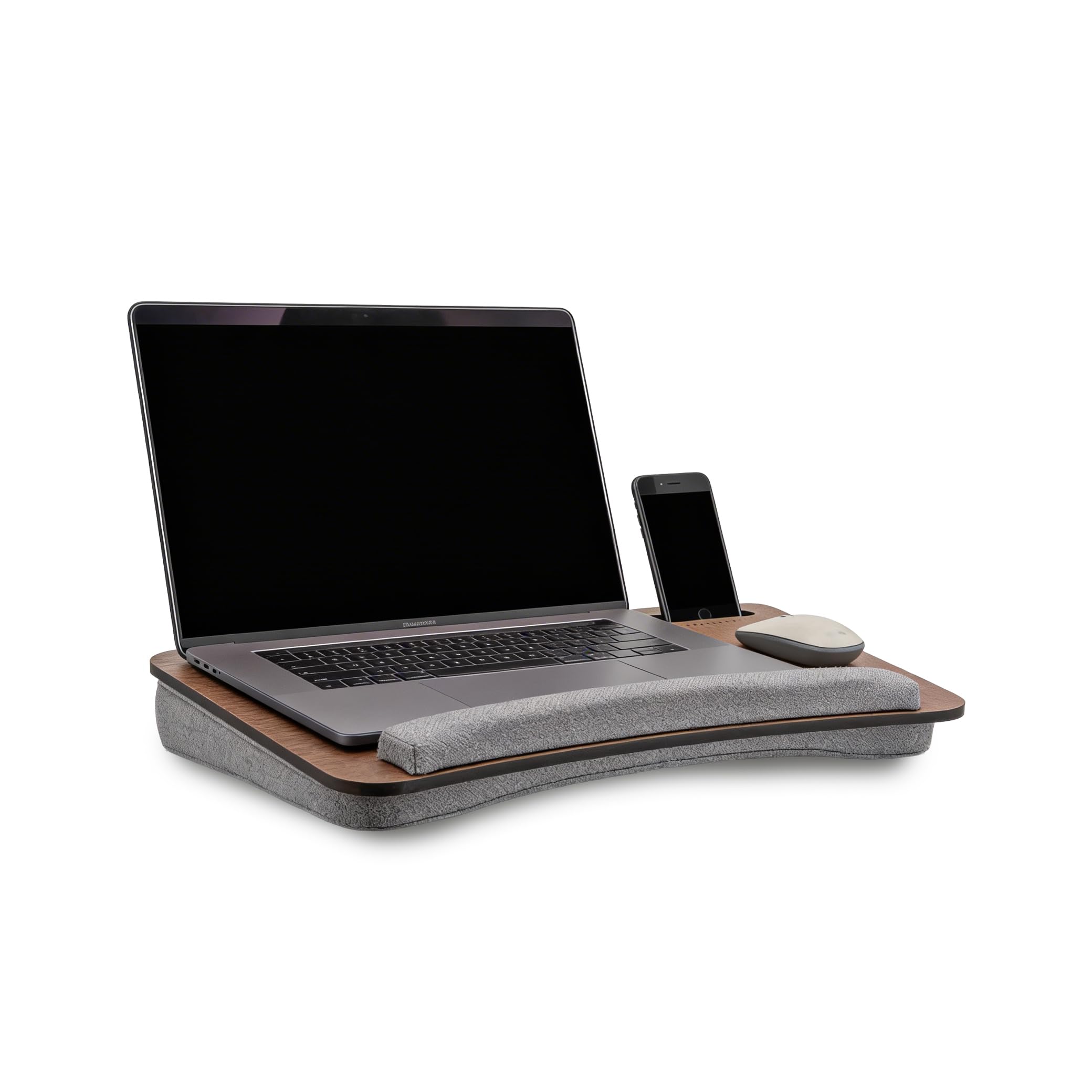 Vigo Wood Support d'Ordinateur Portable avec Coussin et Repose-Poignet, Table de Lit Portable pour Home Office avec Emplacement pour Tablette & Téléphone (Noyer)