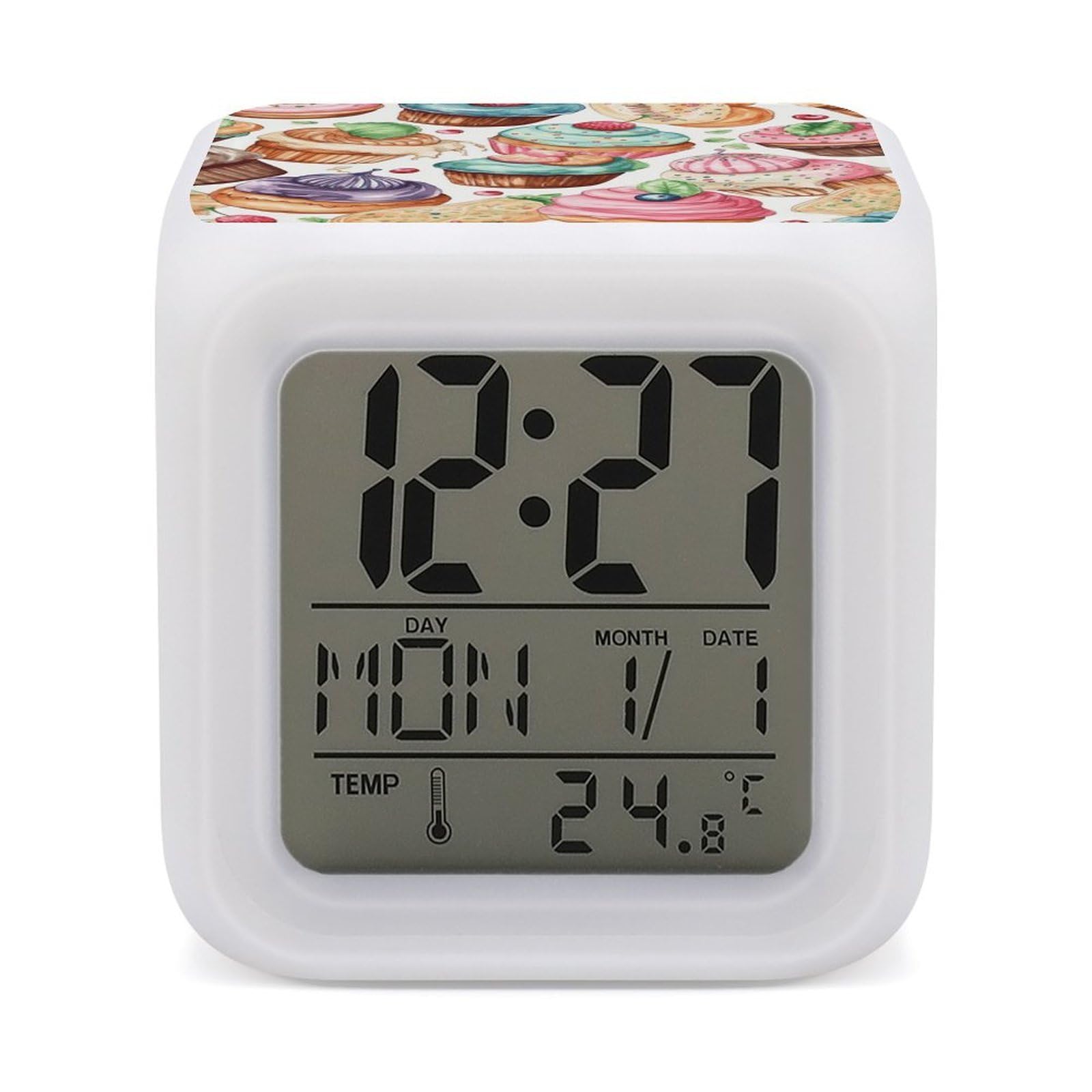 JTREHY Cupcakes Donuts Muffins Sugar Alarm Clock Digital Dimmable Clock for Bedroom LED Display Screen Mini Clocks 7 Color Dimmable Night Lights Time-to-Rise Alarm Clocks for Office Living Room