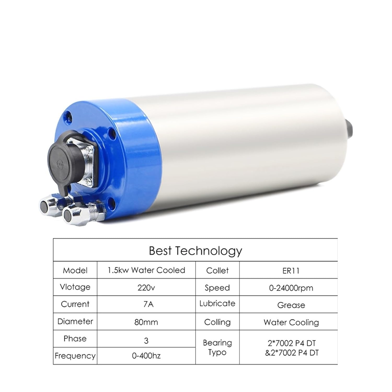 1.5kw ER11 220v/380v Water Cooled Spindle Motor 80 * 200mm 4 Pcs Bearings 24000rpm Accuracy 0.01mm for Wood Working