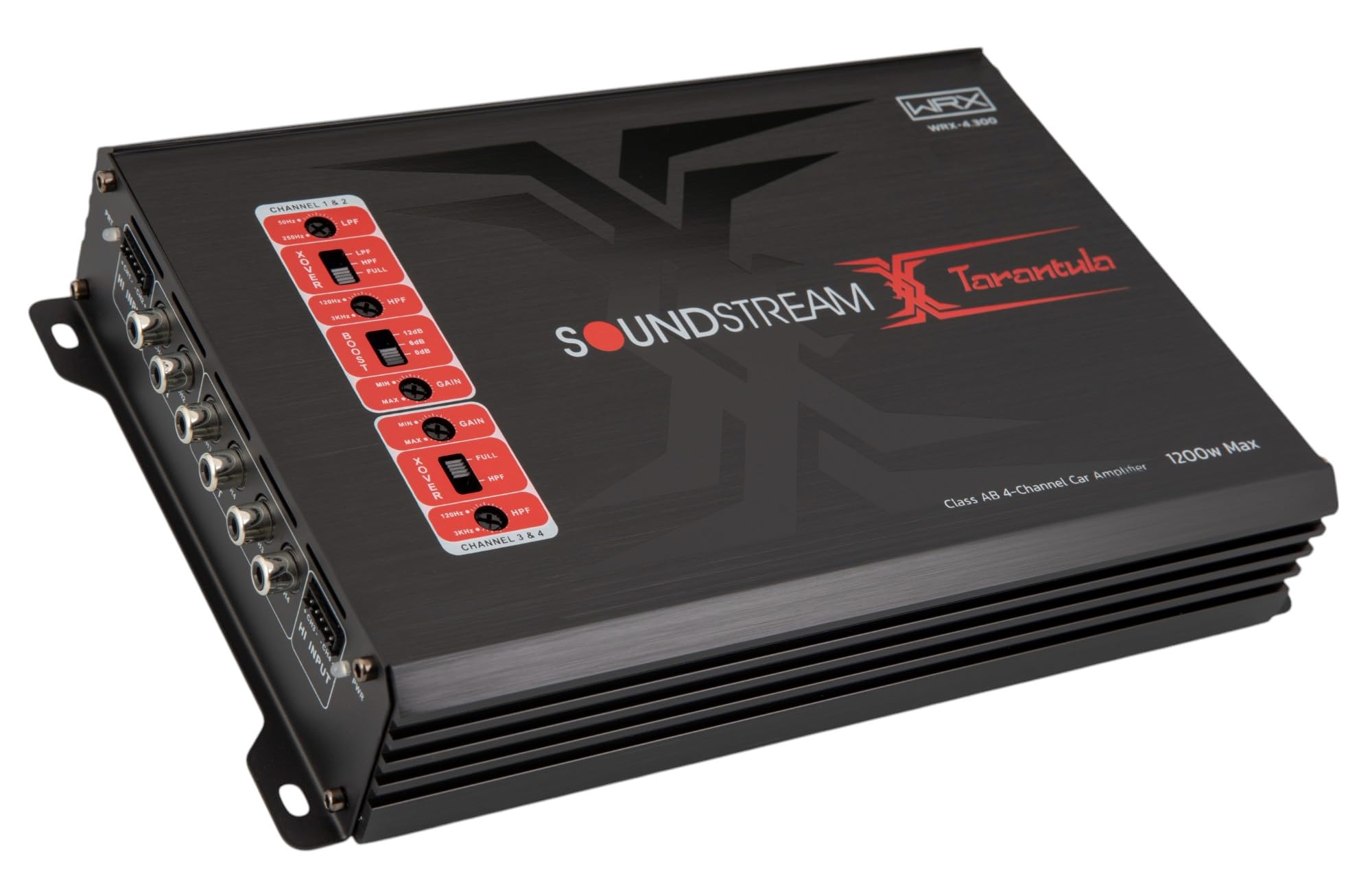 Nahoru view of Soundstream WRX-4.300 amplifier zobrazující ovládací panel