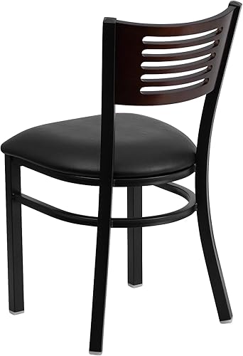 Miniatura 5 de Flash Furniture HERCULES Series - Silla de restaurante de metal con respaldo de listones negros, respaldo de madera de nogal, asiento de vinilo negro