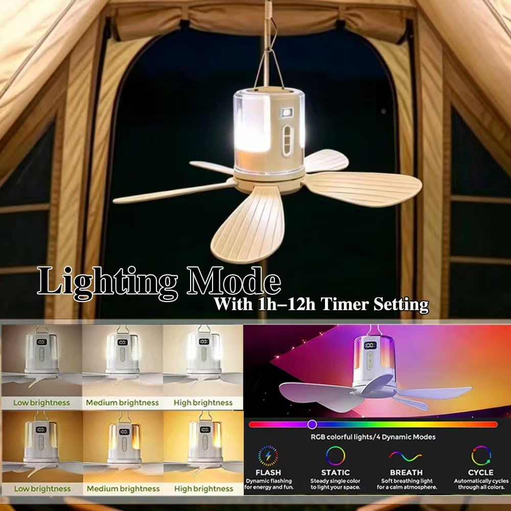 Ventilatore da soffitto con illuminazione da campeggio, ricaricabile, con luce e telecomando, USB, timer, ventilatore portatile, batteria per esterni, gazebo, terrazza