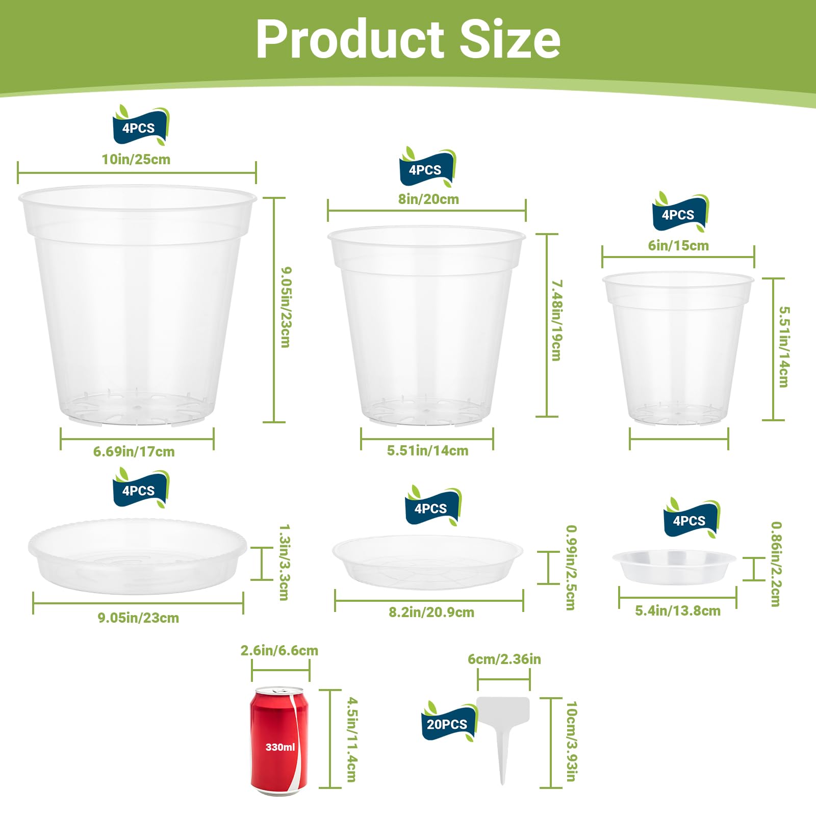 GREANER Lot de 24 pots de fleurs transparents de 15,2 / 20,4 / 25,4 cm - En plastique transparent - Avec ventouses pour plantes - Pour intérieur et extérieur