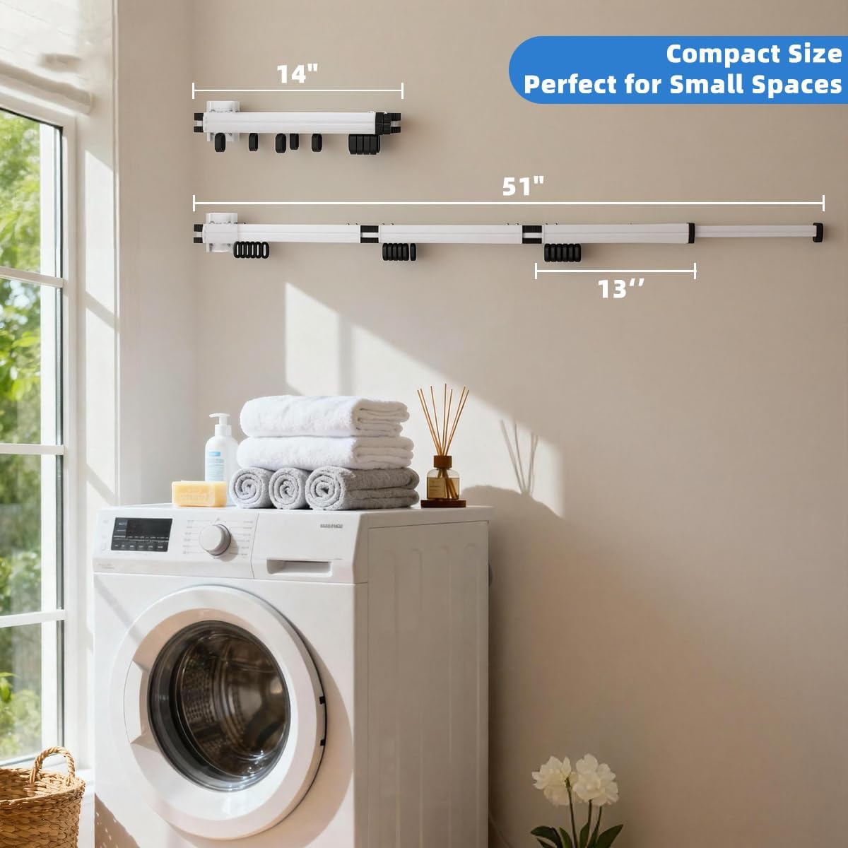 Wall Mounted Clothes Drying Rack, Foldable Laundry Drying Hanger Rack for Indoor & Outdoor Use - Laundry Rooms, Bathroom & Balconies (White)