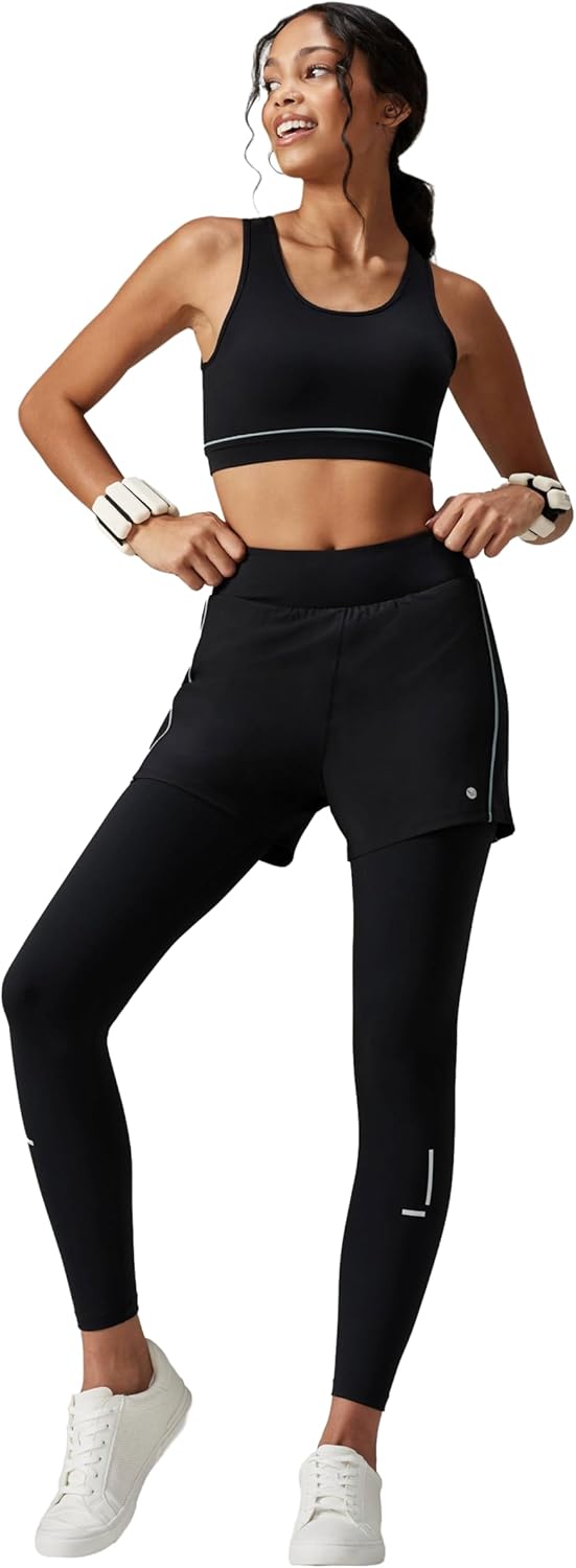 2-in-1 Runner Shorts with Attached Leggings, Quick-Dry Athletic Pants with Pockets, Black