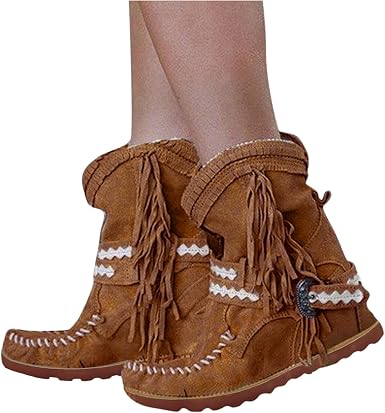 Amazon.com: Aniywn Fringe Mid - Botas de invierno planas para mujer, de  caña alta, estilo retro, con hebilla, flecos : Ropa, Zapatos y Joyería