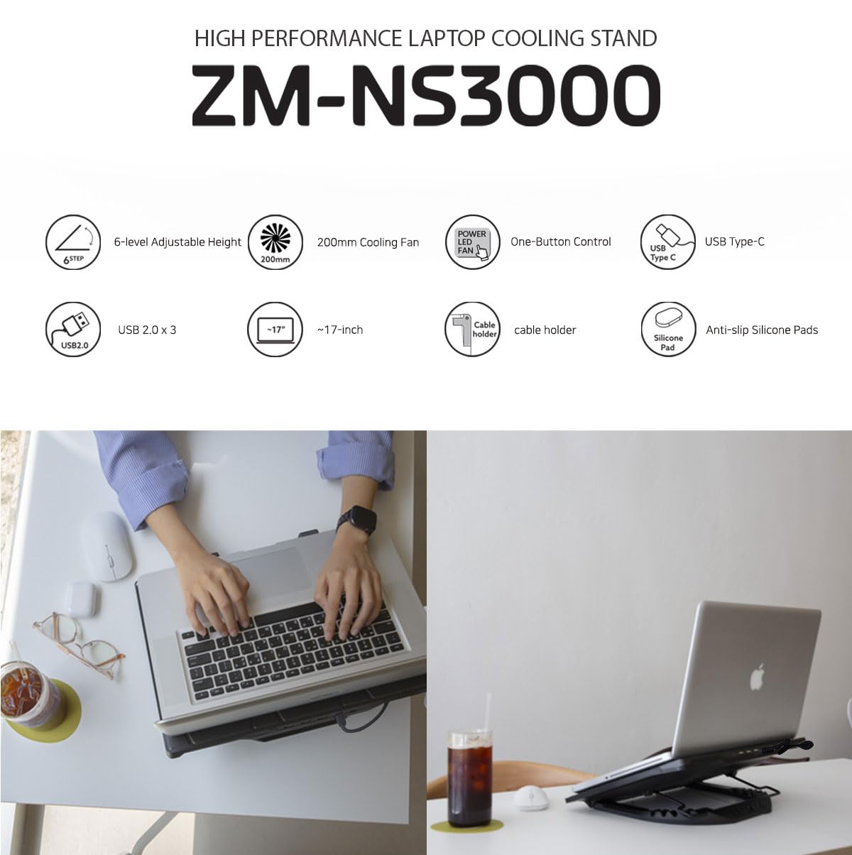 Zalman NS3000 ZM-NS3000 ZM-NS3000 - Almohadilla enfriadora para laptop, soporte de enfriamiento de alto rendimiento para portátiles de juegos de hasta 17 pulgadas, alturas ajustables (6 niveles),