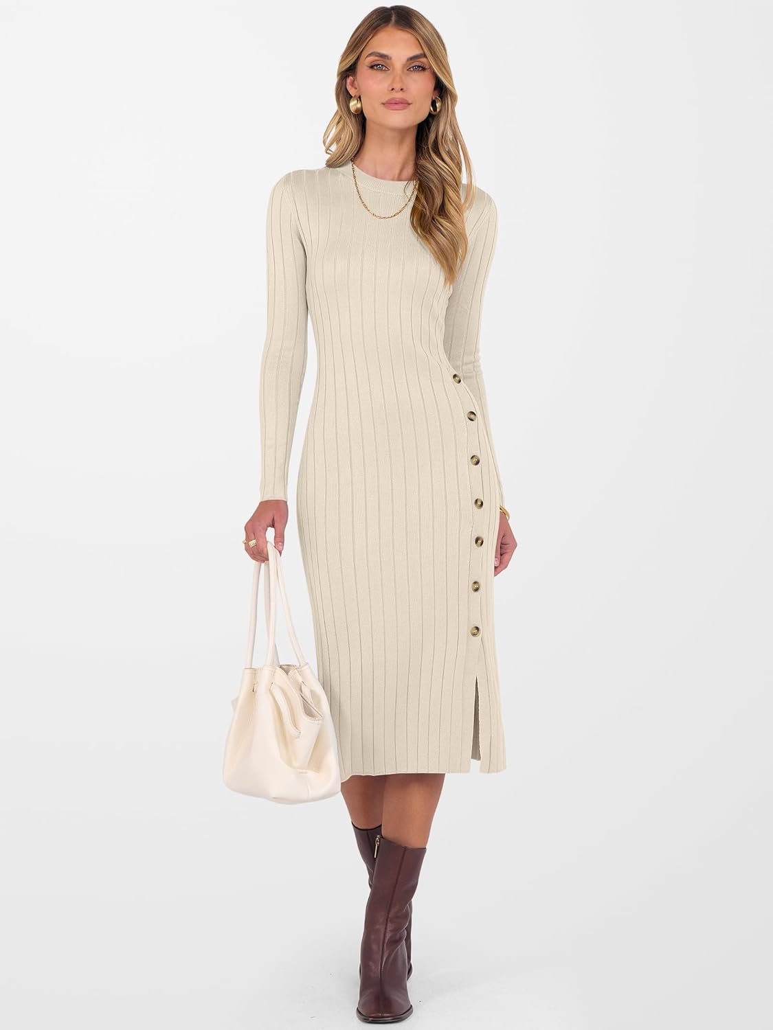 ANRABESS Womens 2025 Fall Long Sleeve Midi Dress Ribbed Knit Bodycon Fitted Button Down Wedding Guest Slit Sweater Dresses - Image 6