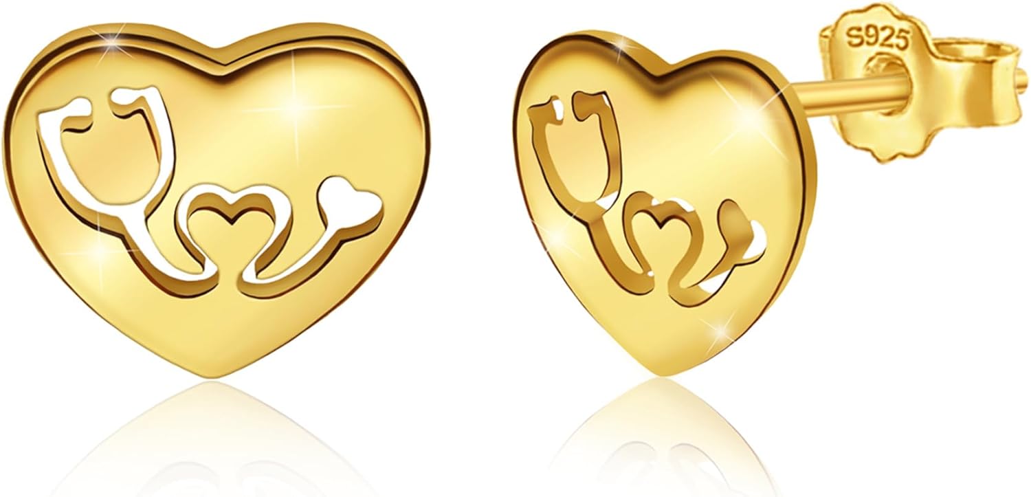 Nurse Earrings for Women Sterling Silver Stethoscope Stud Earrings With Heart Medical Post Elegant Minimalist Jewelry for Practitioner Rn Doctor Student Gifts for Nurses Day Birthday