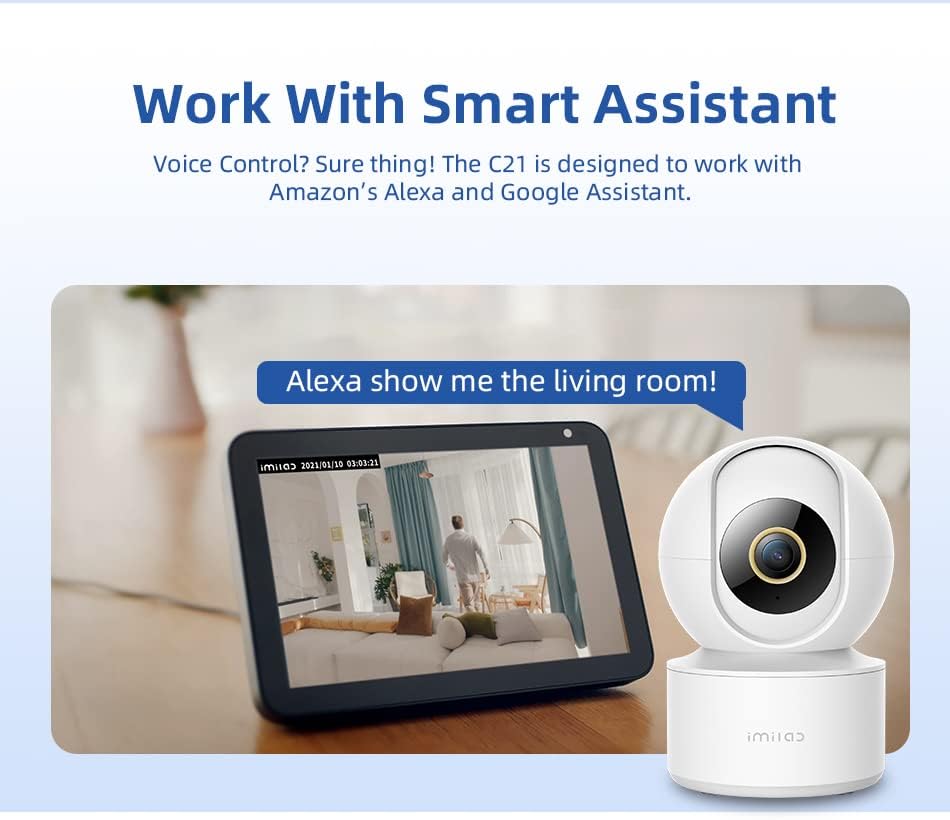 Illustration of the IMILAB C21 camera's 360-degree view capability within a living room setting, controlled by a smartphone.