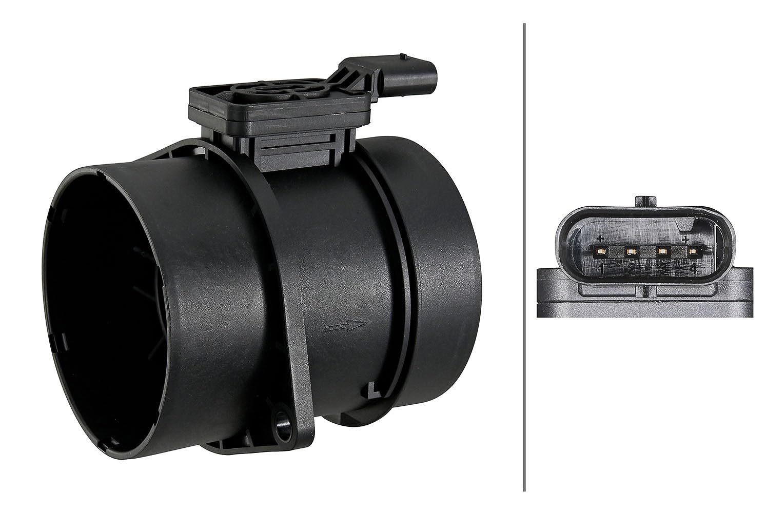 HELLA 8ET 358 095-271 Débitmètre de masse d'air - 4pôle - Tubulure - avec support de tuyau