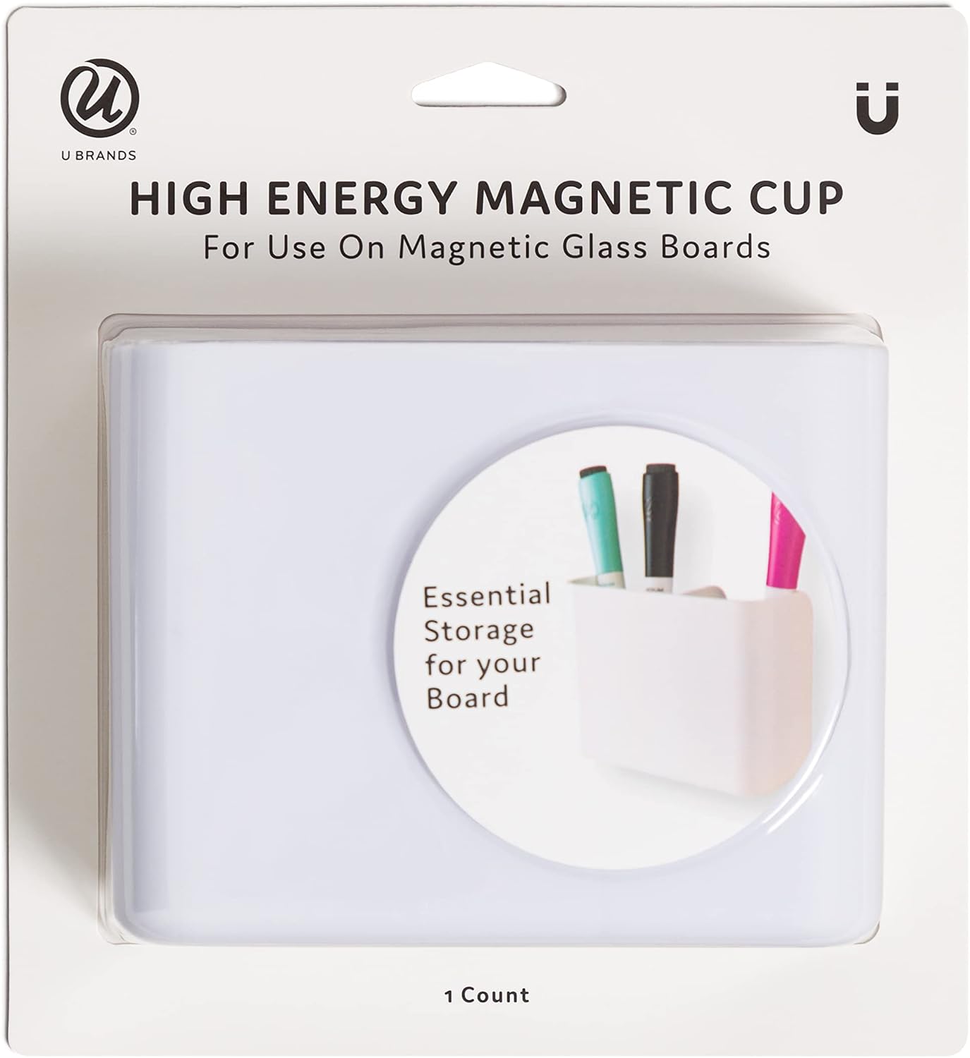U Brands High Strength Magnetic Utility Cup for Glass Boards and Easels, White, 1 Count