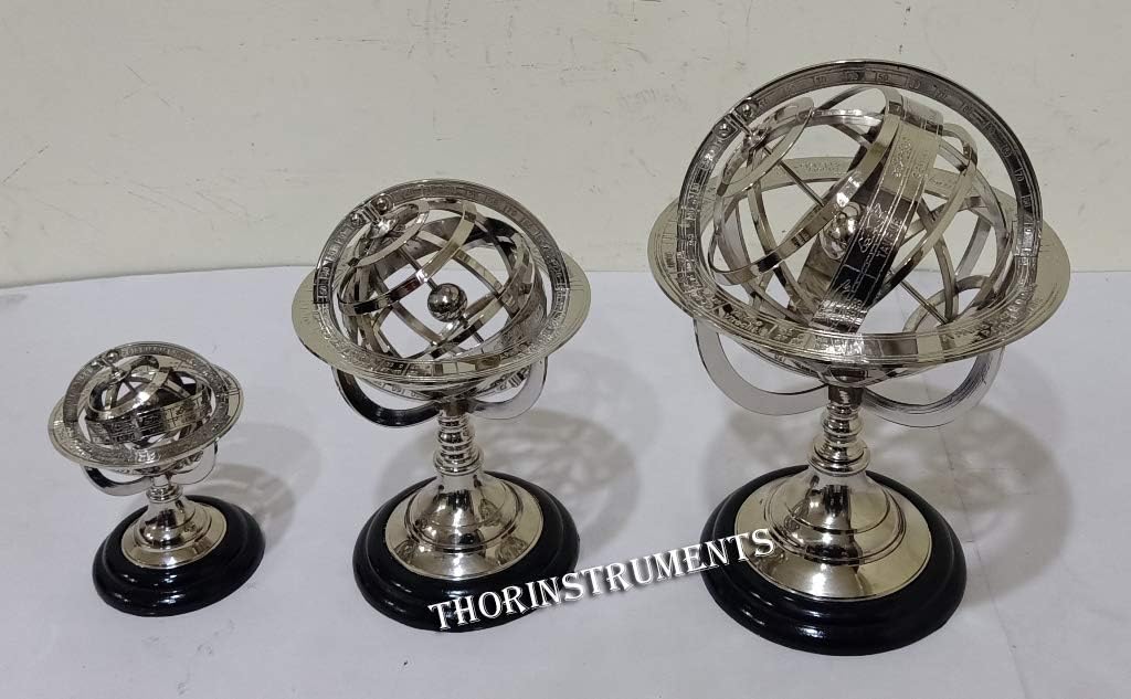 Vintage Brass Armillary Globe Nickel Plated Wooden Base Set of 3 Rustic Vintage Home Decor Gifts