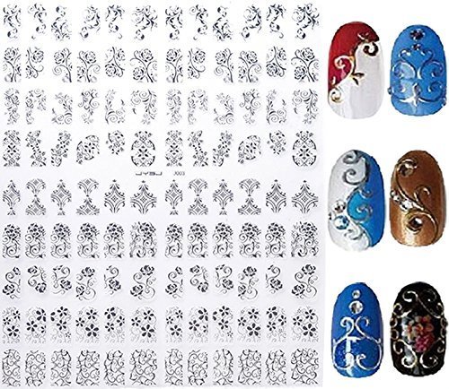 Silver 3D Stickers Decals,108pcs/sheet Stylish Metallic Mixed Designs Nail Tips Accessory Decoration Tool
