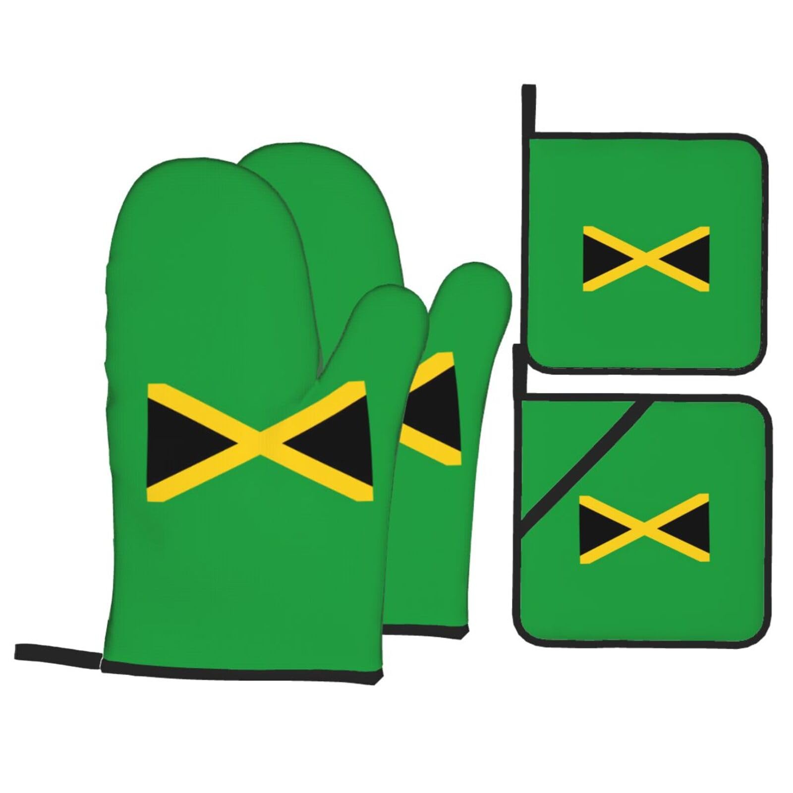 jamaica flag Print 4-Piece Oven Microwaving Set Waterproof Kitchen Gloves for Baking Grilling Cooking