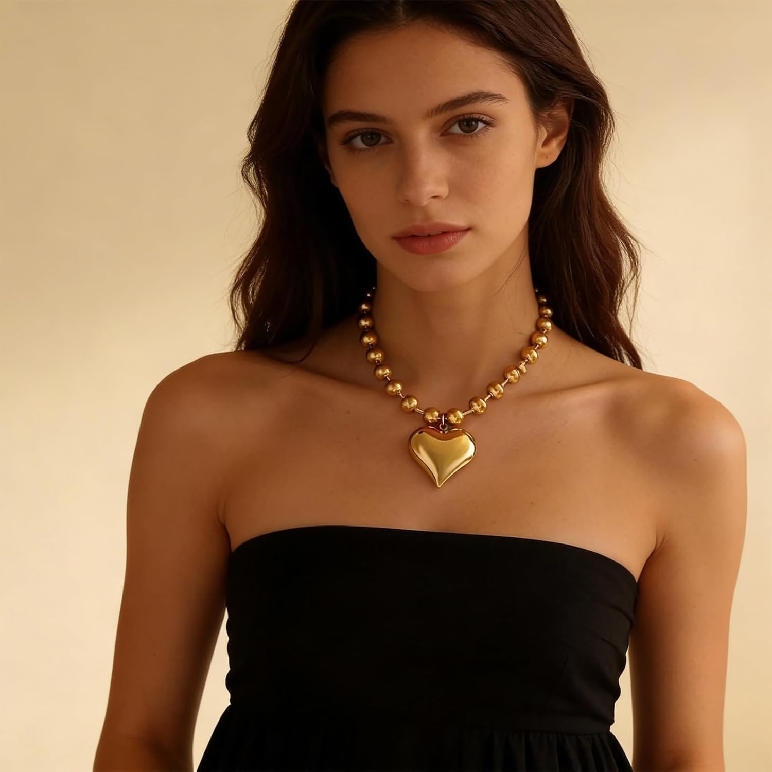 Long tiantian Chunky Gold Necklace with Heart Star Pendant Puffy Charm Necklace for Women Chunky Beaded Chain Trendy Jewelry - Image 4