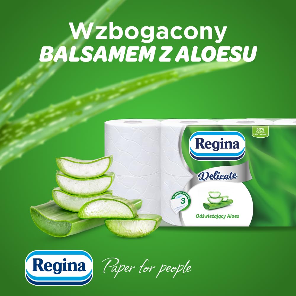 Regina Delicate Aloe Vera Papier Toaletowy, 48 Rolek po 150 Listków, Odświeżający Aloes, 3-Warstwowy, Miękki i Trwały, Wzbogacony Balsamem z Aloesu, Certyfikat FSC, Atest NIZP-PZH