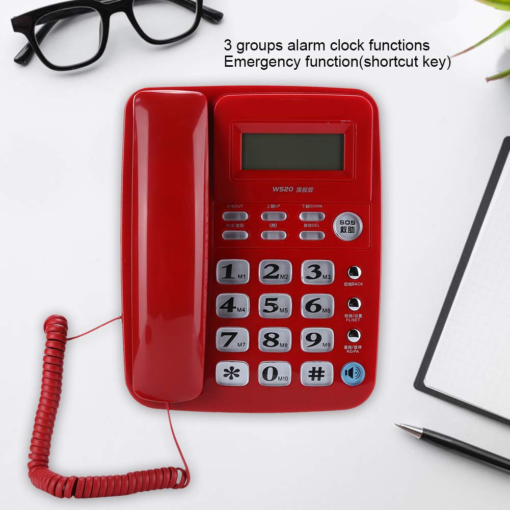 Telefono Fisso con Filo, Telefono Fisso Vivavoce da Tavolo, Telefono cablato, Display LCD, Supporta l'identificazione del chiamante, Sveglia per Ufficio/casa/Lavoro/Camera degli Ospiti (Rosso)