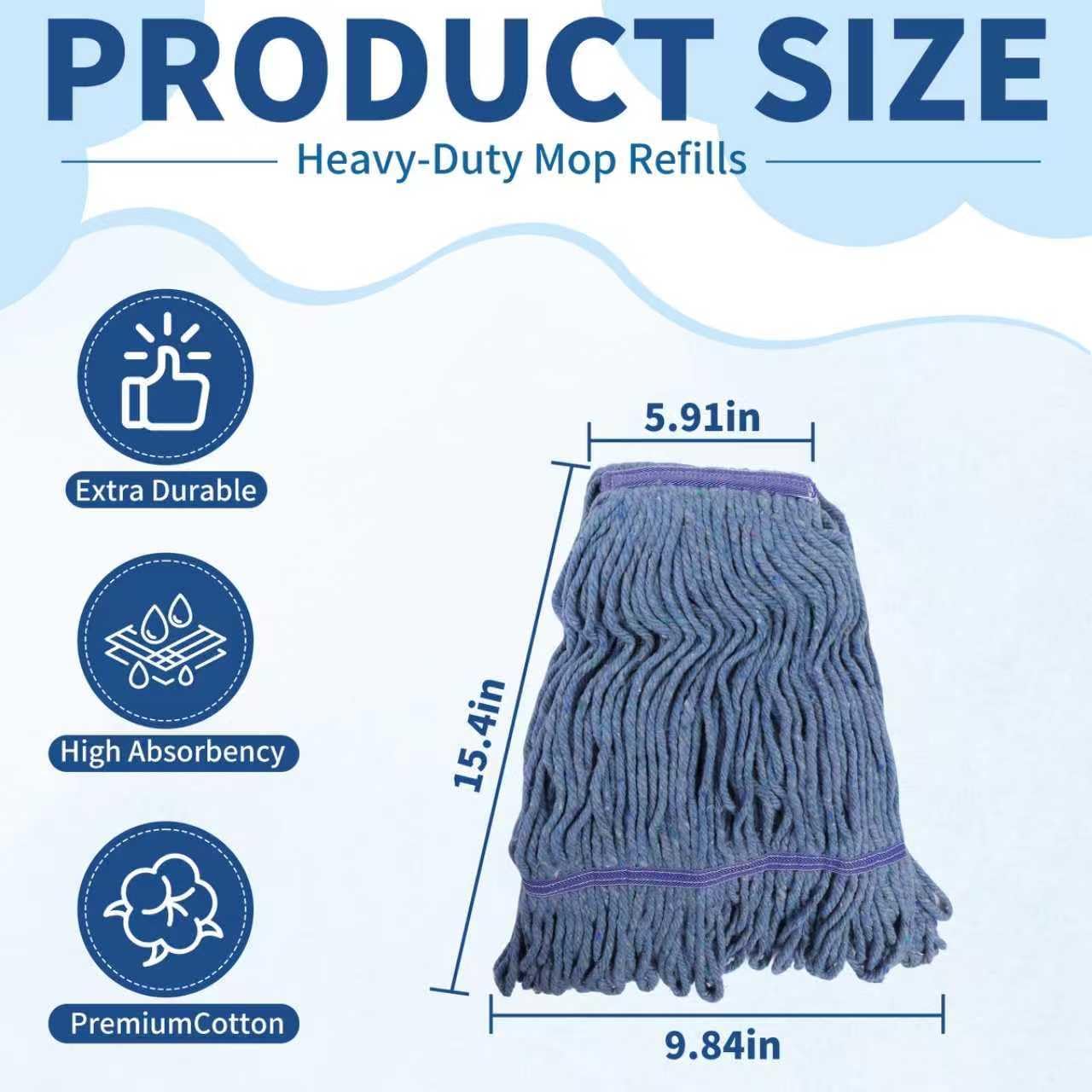 Blue Commercial Mop Head Replacement , Heavy-Duty Reusable and Washable Loop End Mops for Industrial Floor Cleaning on Hardwood and Concrete (8 Pack)