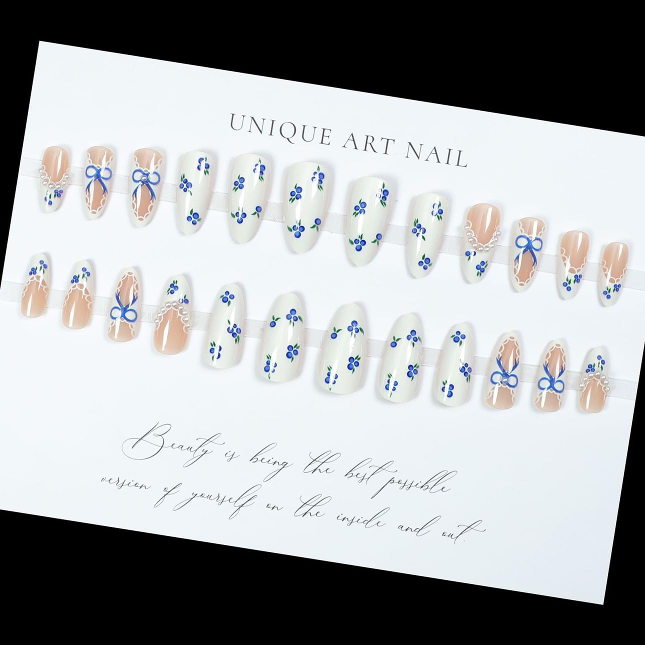 LPOODDNU Almond Press on Nails - Dark Green Medium Fake Nails with Leaf Designs, Glossy Finished Reusable False Nails with Double Adhesive Glue Tabs - 24Pcs Nail Kit for Women Manicure