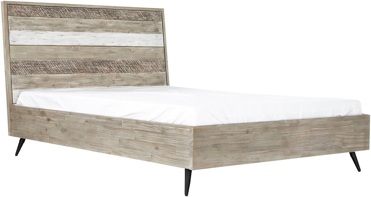 HomeStock Acacia Wood Platform Bed - French Country Style Bed Frame with Headboard