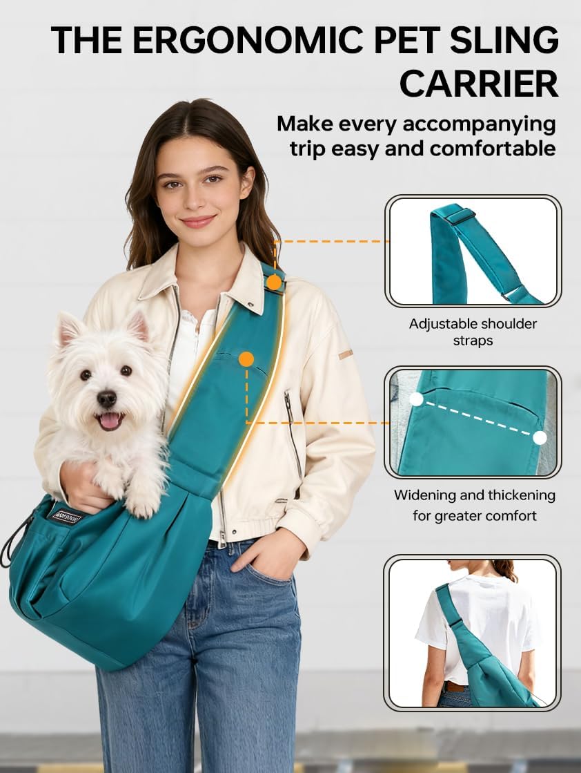 Puppy Sling Carrier for Small Dog-Widened and Thickened Shoulder Strap with Storage Pocket, Adjustable Hands-Free Small Dog Carrier Sling for Outdoor, Cat & Dog Sling Carrier 7-15 lbs,(Peacock Blue).