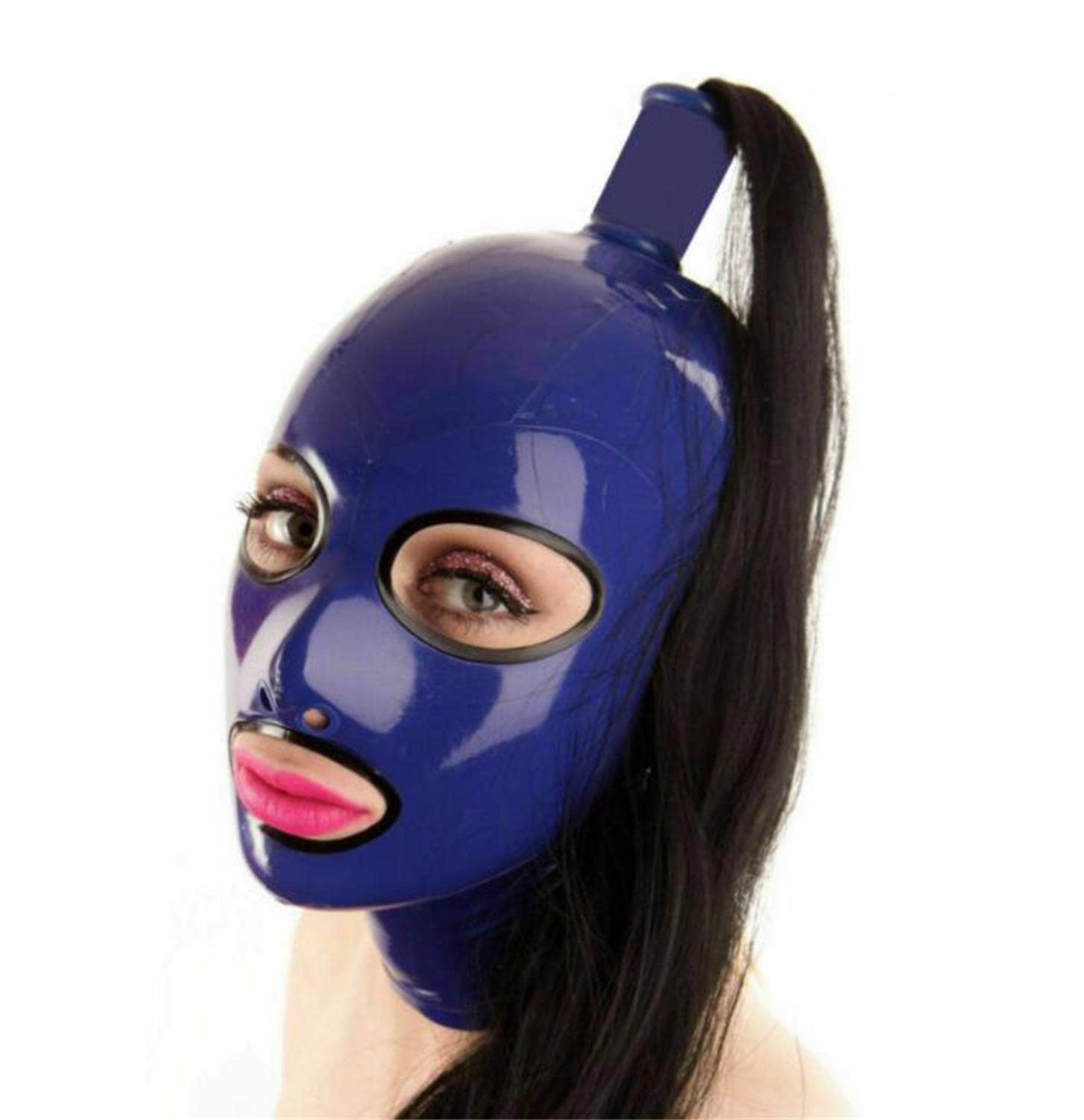 Latex Tête Couverture Masque Cagoule avec Queue de Cheval Noire pour Jeu de Rôle Party