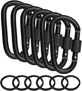 6 Pcs Black Carabiner Clip, 3.1 Inch D-Ring Locking Carabiner Light Caribeener with 6 Key Rings for Climbing, Hiking, Travel, Outdoor