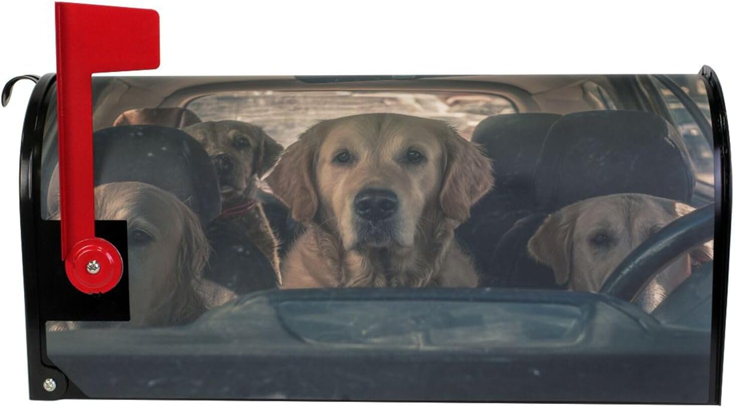 Funny Golden Retriever Dogs Animals Driving Mailbox Covers Magnetic Garden Yard Home Decor Standard Size 21" x 18" image 2