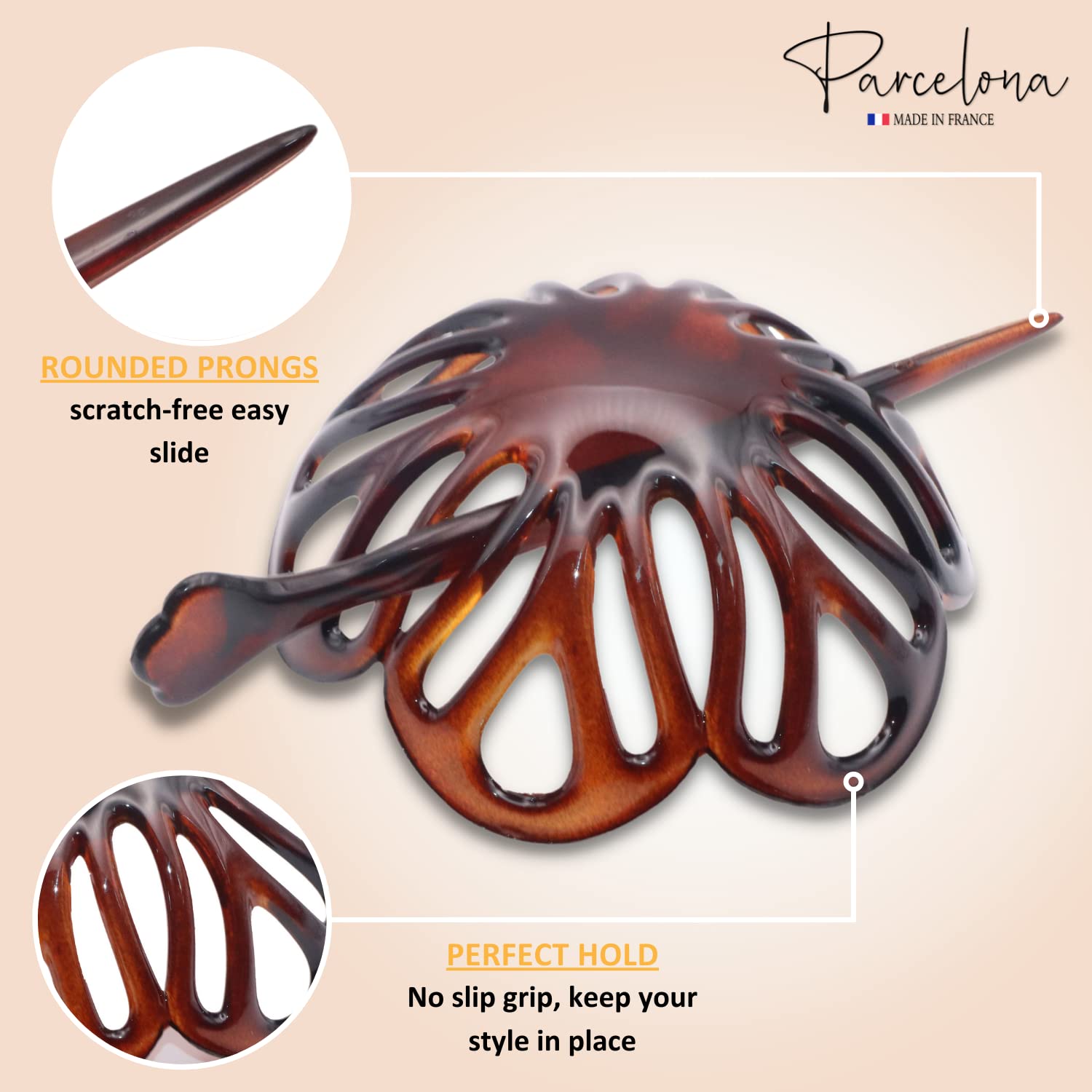 Parcelona French Radial Tortoise Shell Hair Bun Cover with Stick - 3.5 Inches Diameter by Parcelona