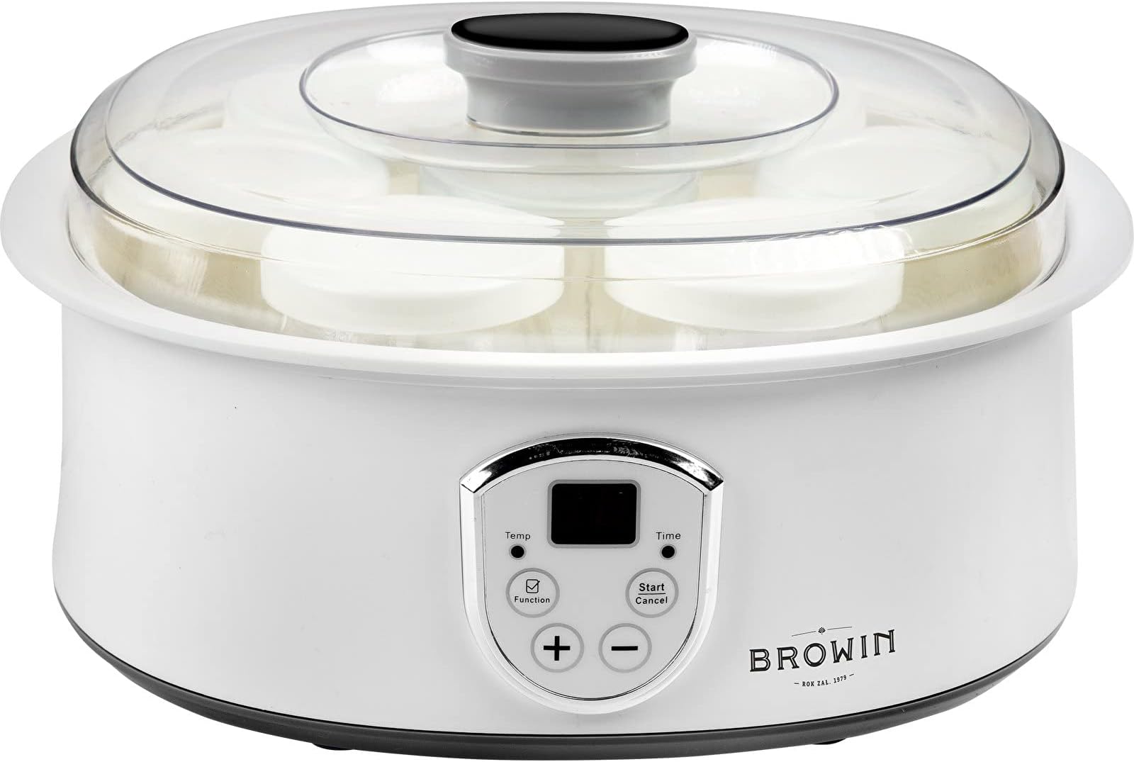 Browin 801015 1.3 L Electric Yoghurt Maker with a Thermostat and 7 Jars (180 ml), 20 W, White Portable Yogurt Macine, Glass, 1.3 liters
