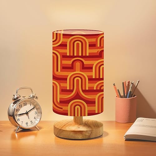 Bedside Table Lamp 70s Retro Vintage Mid Century Modern Seamless Dimmable Desk Lamp with Flaxen Fabric Shade Wood Base Nightstand Small Lamp for