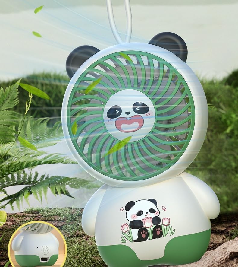 Image of DEOXY Portable Panda Design USB Rechargeable Mini Fan, Handheld Personal Cooling Fan with 3 Speeds, White and Green