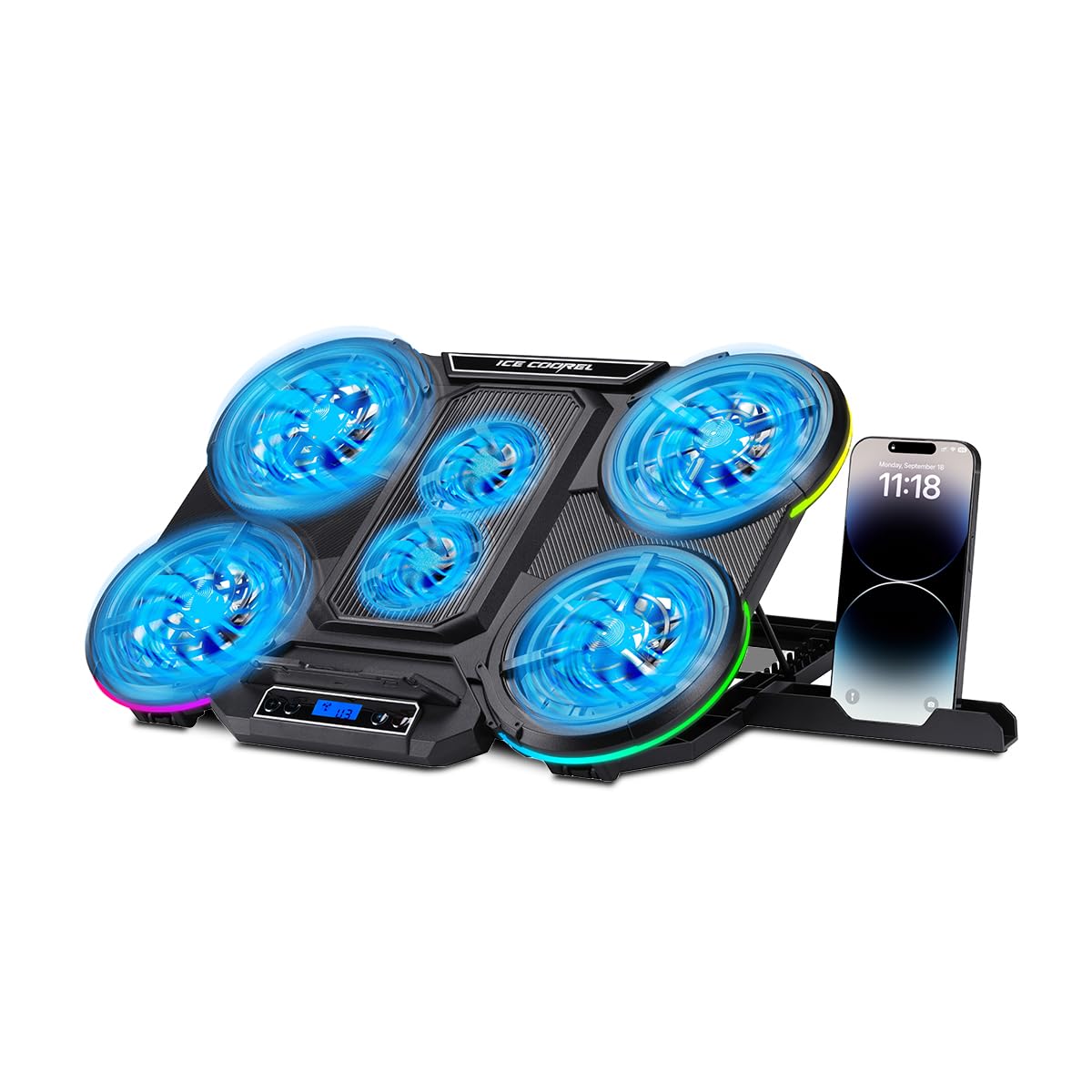 NK Base Refrigeradora Portátil - Ventilador Ordenador Portatil de 12-17" con Soporte Ajustable 5 Alturas, 2 Ventiladores Silenciosos, 2 Puertos USB, Refrigeración Rápida, Luz LED Azul - Color Negro — view 11