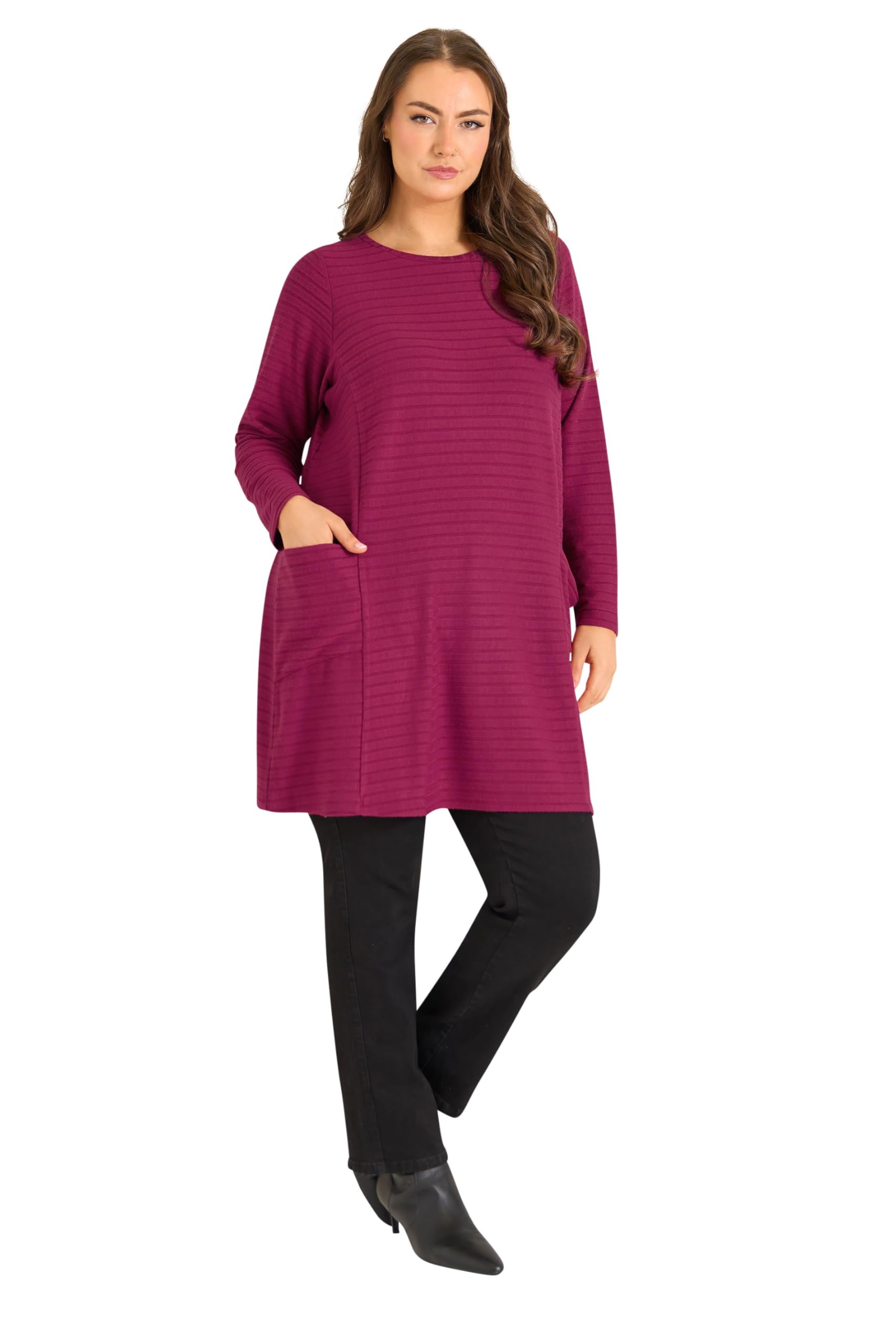 Evans Women's Raspberry Curve Berry Red Ribbed Front Pocket Tunic Jumper - Plus Size Curve