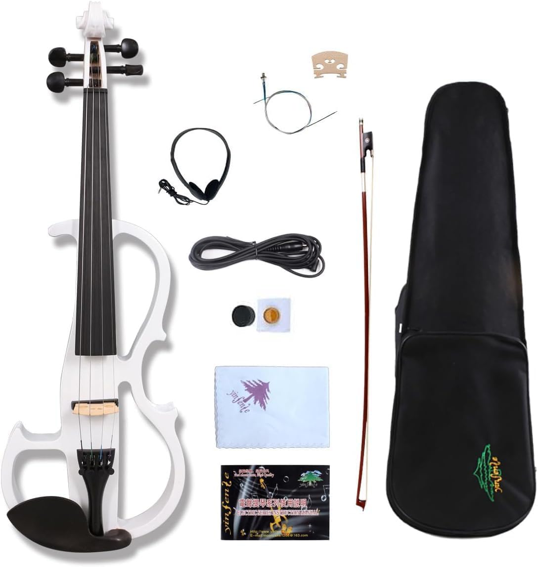 Yinfente Viola eléctrica silenciosa de 40,6 cm de madera maciza de 4 cuerdas con accesorios de ébano, funda dura, lazo de madera de Brasil, cable AUX y paño de limpieza, color blanco