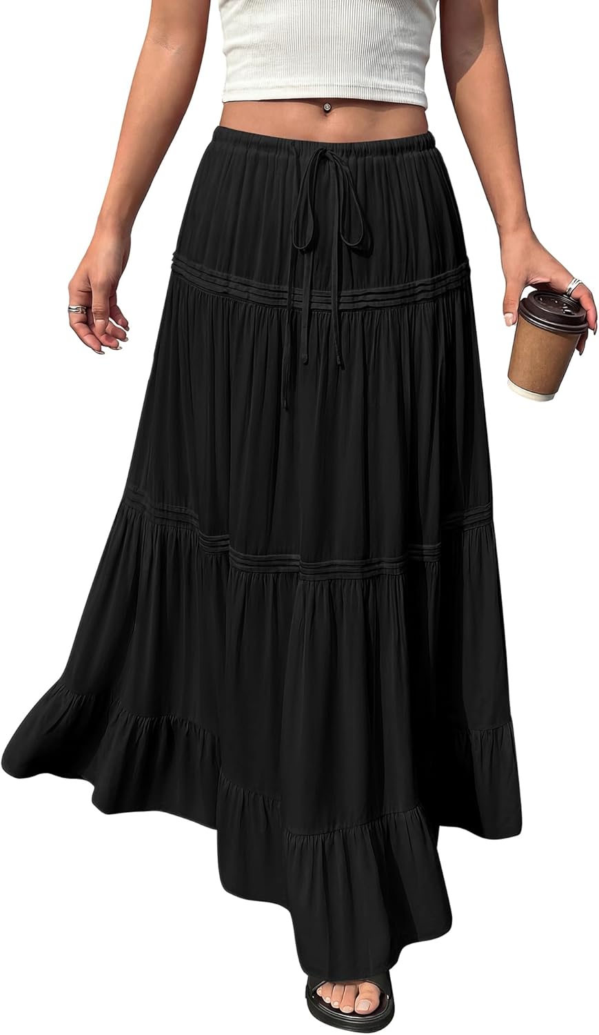 BTFBM Spring Skirts for Women 2026 Summer Boho Beach Vacation Clothes Casual Pleated High Waisted Flowy Maxi Skirt