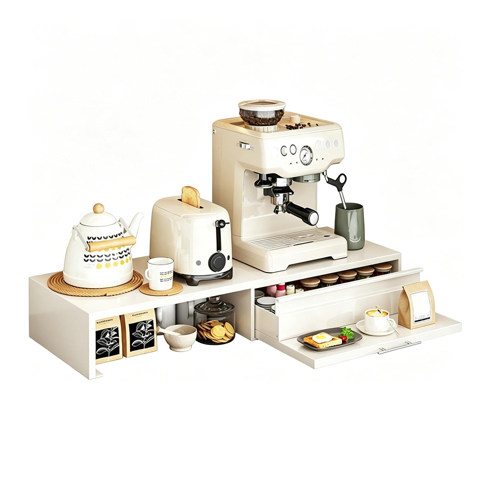 Coffee Pod Holder With Drawers & Side Caddy – Sild Out Coffee Station Organizer Cup Storage Box Coffee Machine Stand For Kitchen Countertop(White-B)