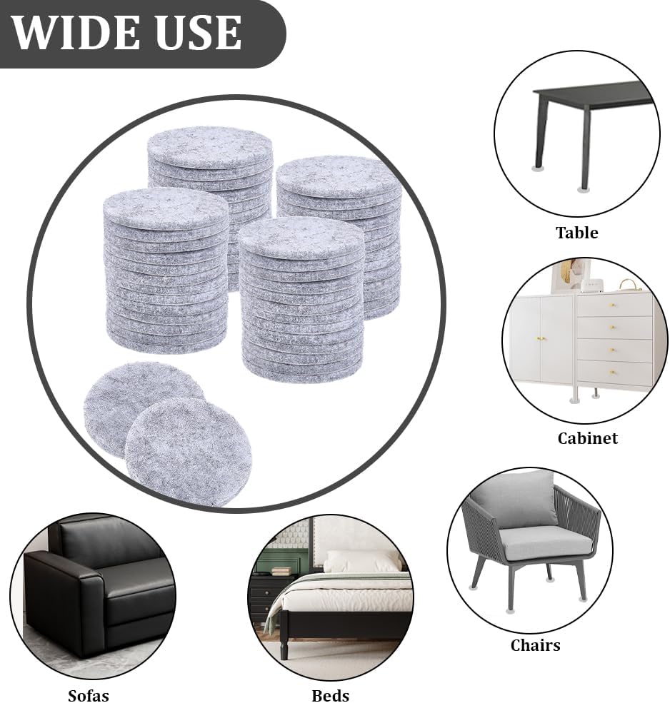 60Pcs Felt Self-Adhesive Furniture Pads Non Slip Chair Leg Table Feet Protection Pads Anti Skid Furniture Grippers Floor Protectors for Sofa Bed Couch Stoppers Flat Round Silver 40x3mm