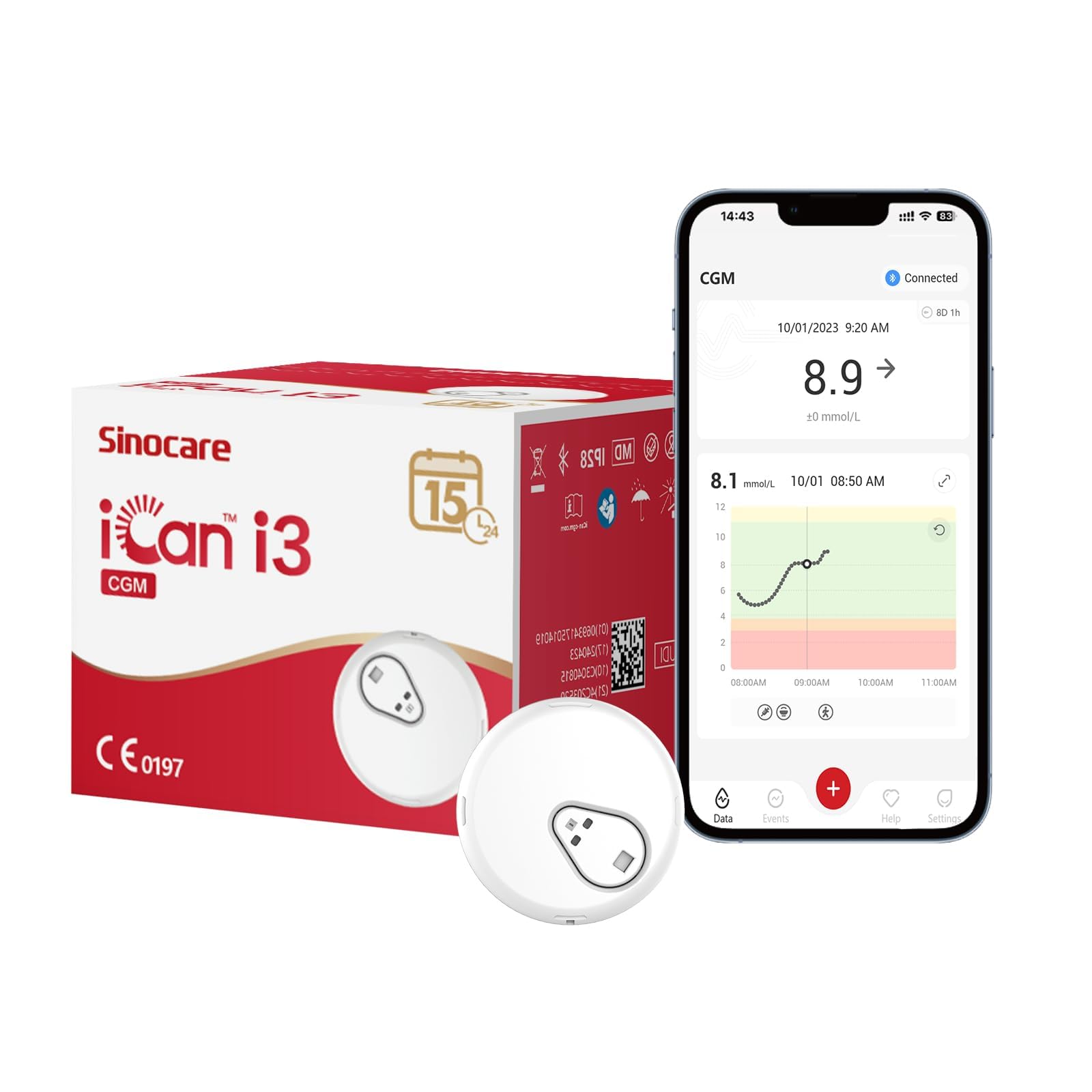sinocare iCan Sensor CGM – Continuous Glucose Monitoring, Real Time Data Every 3 Minutes, 15 Days Use, No Scan, Less Pain, Bluetooth Connection ClimatePartner certified