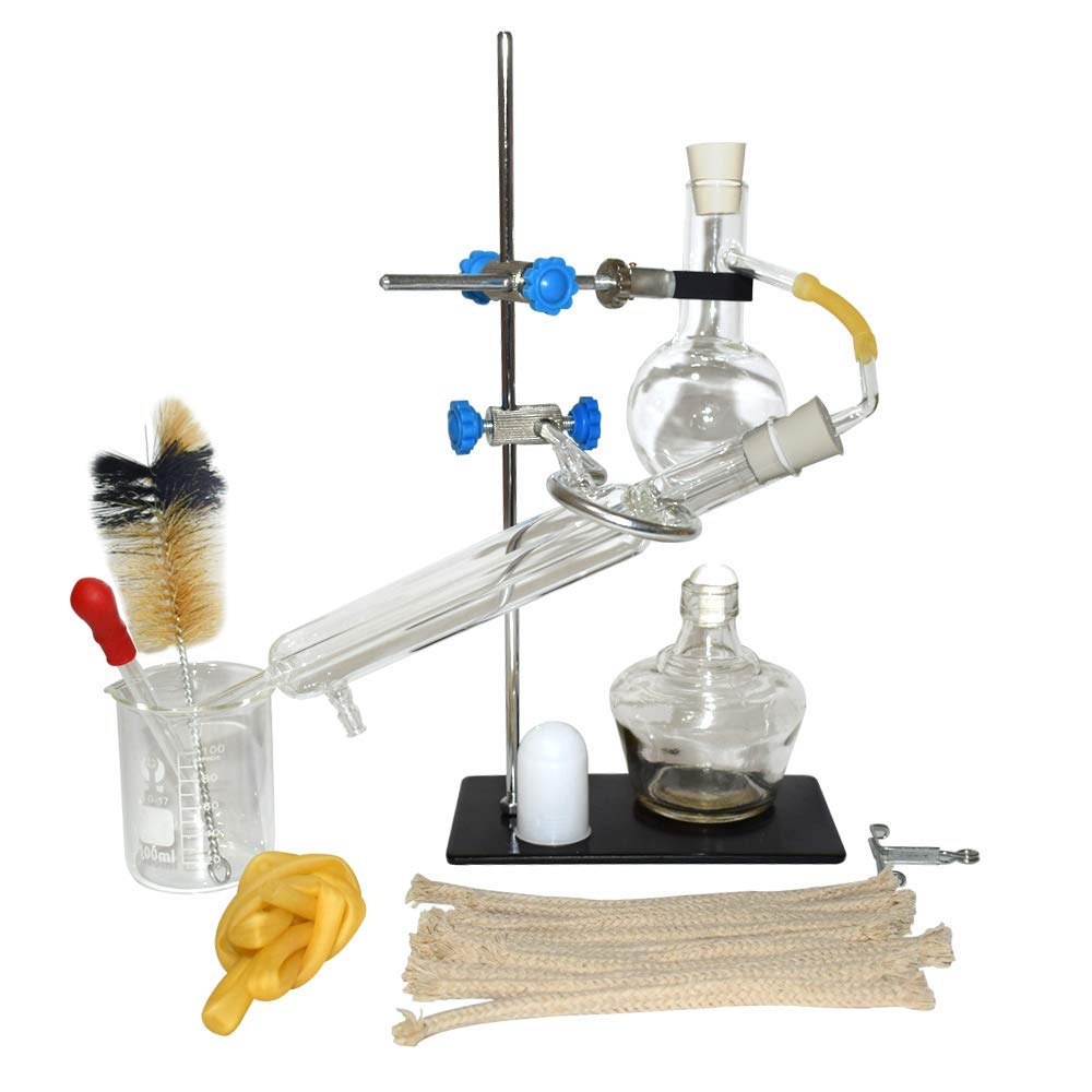 Kit De Cristalería De Laboratorio, Aparato De Destilación a Vapor De Vidrio para Química con Tubos Condensadores SerpentinaEspesados, 500ML, Kit Destilador De Aceites Esenciales DIY,