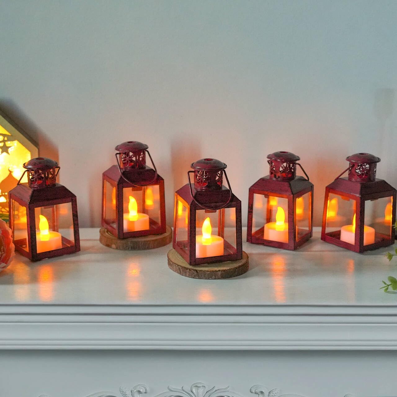 TRIROCKS 6 Pcs Small Metal Candle Lanterns Vintage Hanging House Tealight Lantern Decorative Candle Tea Light Holders for Table Valentine Patio Indoor Outdoor Gifts(Red) image 4