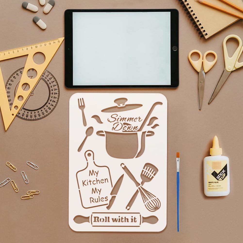 FINGERINSPIRE 4PCS Kitchen Stencil 8.3x11.7 Inch Kitchen Quotes Decor Stencils 4 Style Apron Turner Whisk Pattern Drawing Templates with a Brush for DIY Home Decor Cafe Restaurant Wood Wall Crafts